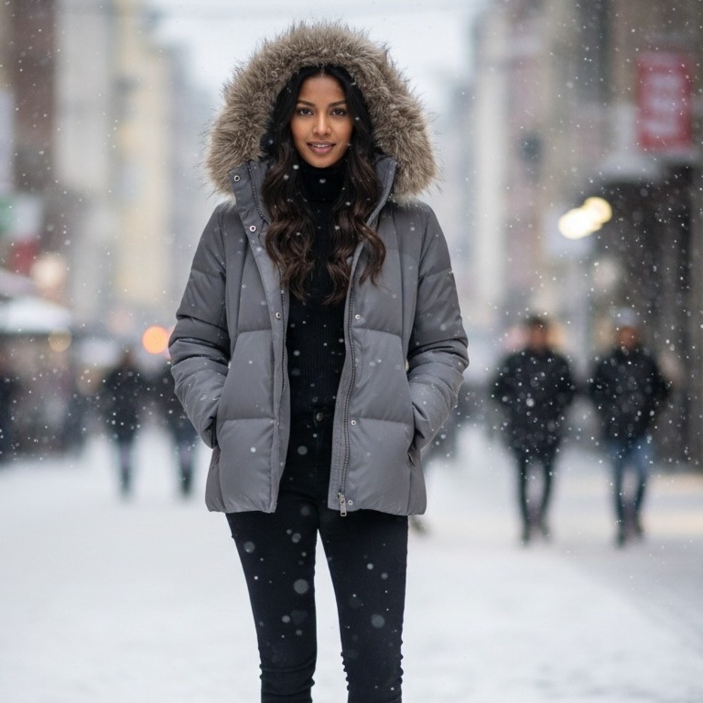 Calvin Klein Duck Down Puffer Jacket Women's XS Faux Fur Removable Hood Feathers
